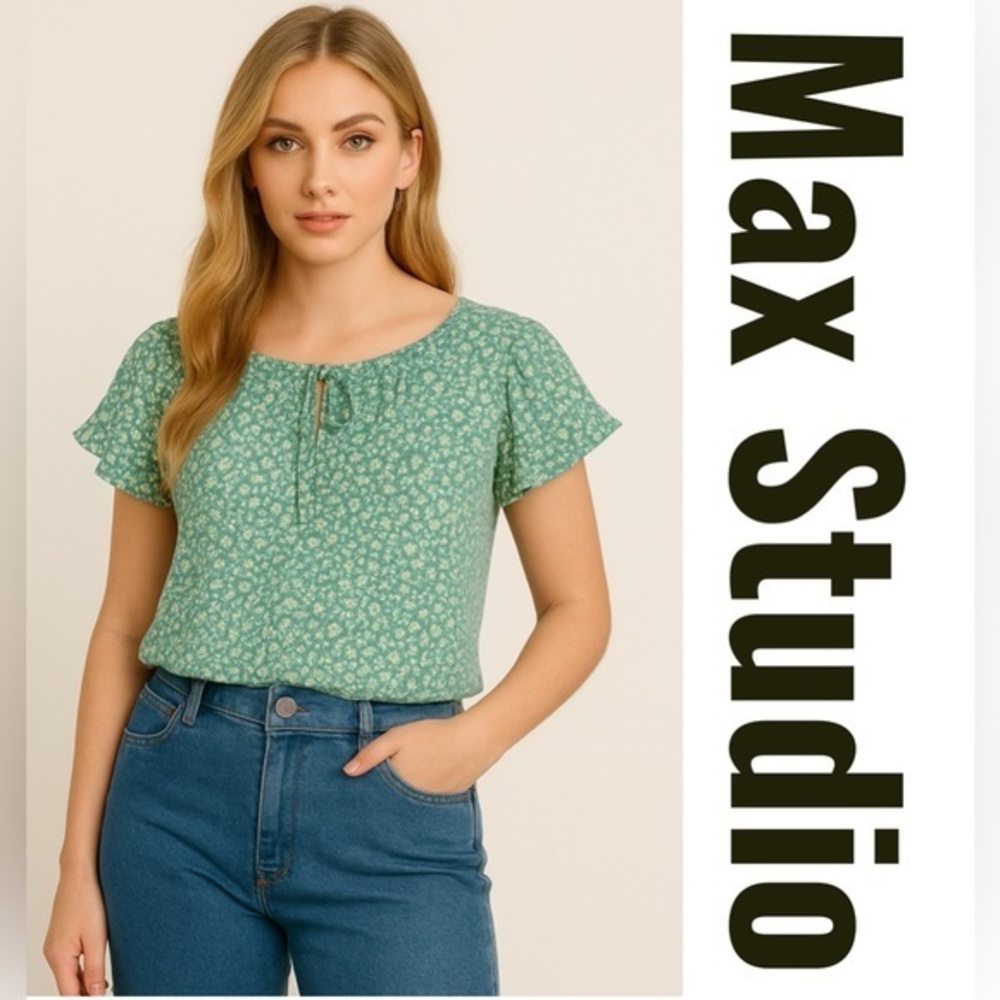 Max Studio Green Floral Ruffle Sleeve Peasant Blouse – Size Large